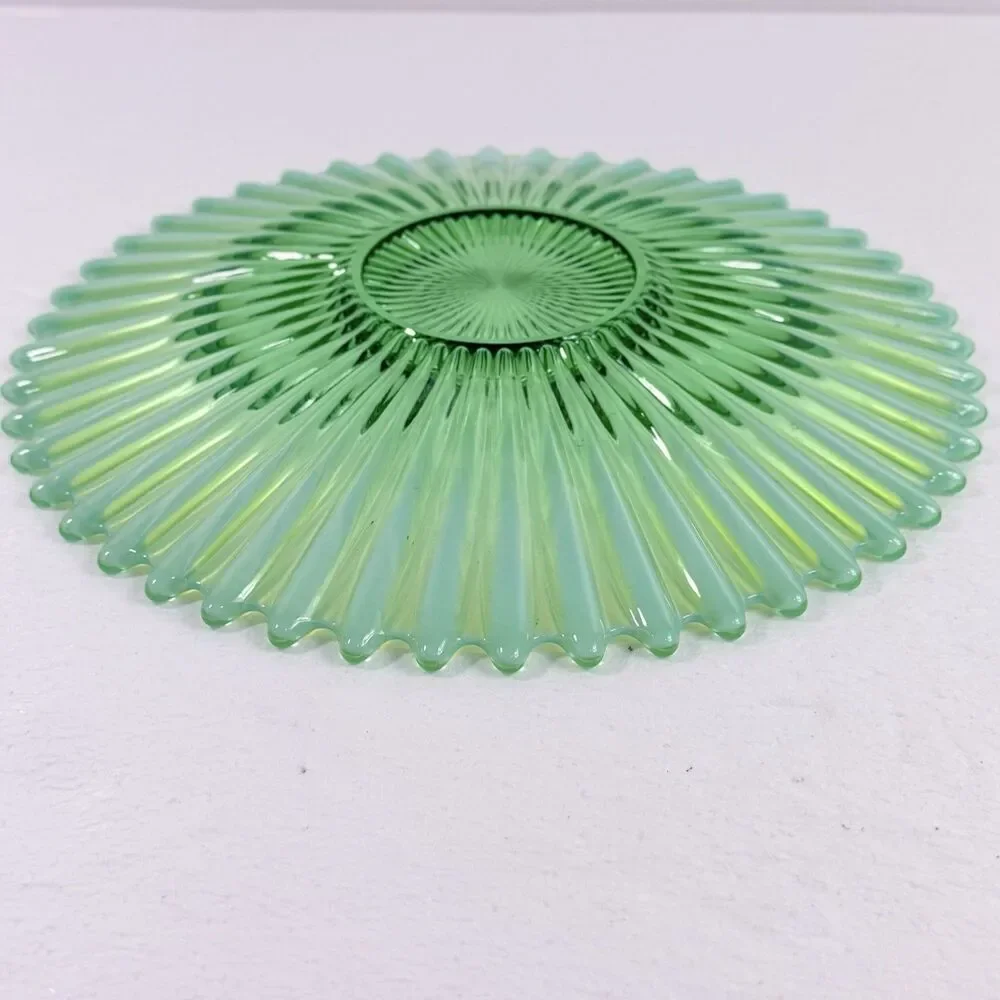 Vintage Green Opalescent Carnival Glass Bowl Sunburst Ribbed Spiked Beaded Edge